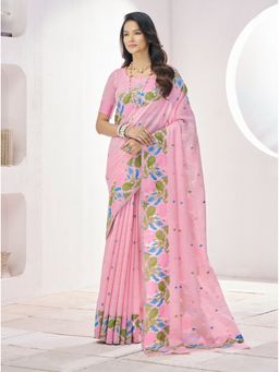 BFM - Pink Linen Silk and Polka Dot Embroidery Design Saree with Unstitched Blouse