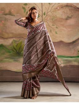 BFM - Brown Dola Silk Printed Saree with Unstitched Blouse