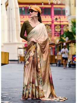 BFM - Beige Satin Crepe Printed Ethnic Motifs Saree with Unstitched Blouse
