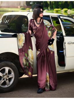 BFM - Wine Satin Crepe Printed Saree with Unstitched Blouse