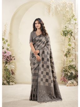 BFM - Beige Linen Silk Woven Checkered Design Saree with Unstitched Blouse