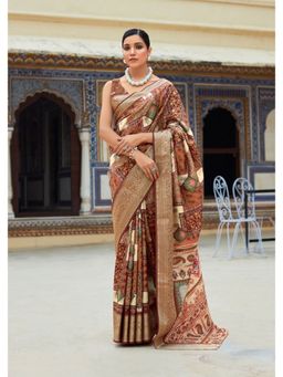 BFM - Brown Handloom Dola Silk Printed Ethnic Motifs Saree with Unstitched Blouse