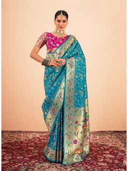 BFM - Turquoise Paithani Silk Woven Design Saree with Unstitched Blouse