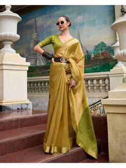 BFM - Yellow Tissue Silk and Printed Design Saree with Unstitched Blouse