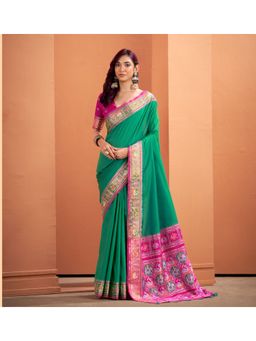 BFM - Green Patola Silk Saree with Unstitched Blouse