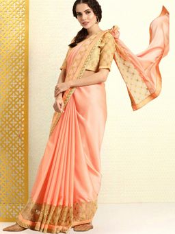Kartika - Peach Chiffon Gold Embroidered Border Saree with Unstitched Blouse