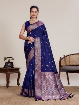 Vedant Vastram - Navy Blue Soft Litchi Silk Banarasi Silk Jacquard Saree with Unstitched Blouse