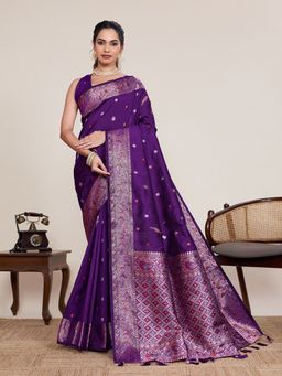 Vedant Vastram - Wine Soft Litchi Silk Banarasi Silk Jacquard Saree with Unstitched Blouse