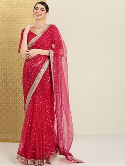 Kartika - Red Net Embellished Border and Sequin Work Saree with Unstitched Blouse