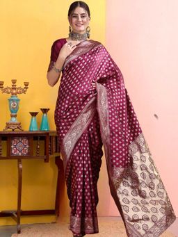Kartika - Banarasi Silk Wine Zari Woven Floral Bootis Saree with Unstitched Blouse