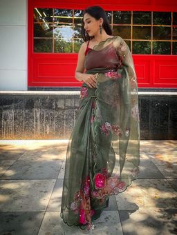 Odette - Green Organza Printed Saree with Unstitched Blouse