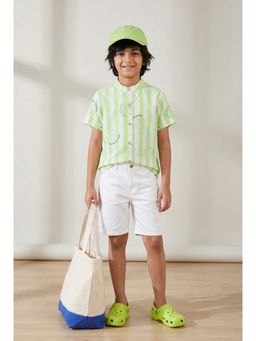 Tales & Stories - Boys Green Striped Printed Cotton Shirt