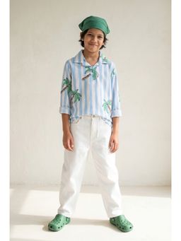 Tales & Stories - Boys Sky Blue Striped Printed Cotton Shirt