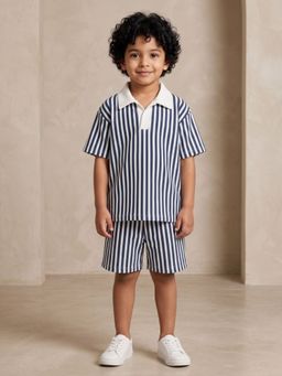 AJ Dezines - Navy Blue Stripes Cotton Oversized Co-Ords Set For Boys