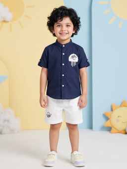 AJ Dezines - Navy Blue Sheep Embroidery Pure Cotton Shirt & Shorts For Boys