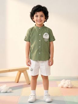 AJ Dezines - Green Sheep Embroidery Pure Cotton Shirt & Shorts For Boys