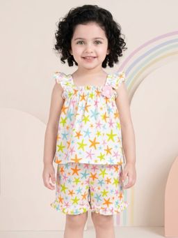AJ Dezines - Multi Color Star Fish Print Cotton Dobby Co-Ords Set For Girls