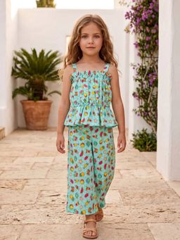 AJ Dezines - Sea Green Summer Print Cotton Dobby Co-Ords Set For Girls