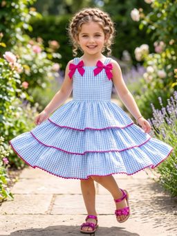 AJ Dezines - Sky Blue Checks Print Cotton Dress For Girls