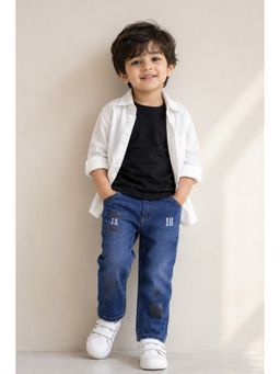 Tales & Stories - Boys Dark Blue Printed Slim Fit Stretchable Denim Jeans