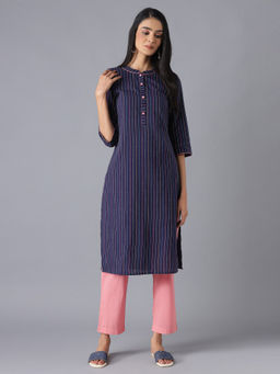 Aurelia - Navy Blue Kurta And Pink Culottes (Set of 2)