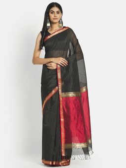 Fabindia - Black Cotton Silk Maheshwari Woven Saree without Blouse