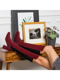 Saint G - Women Maroon Stretch Suede Leather Knee High Boots