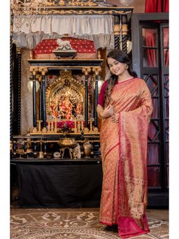 Maayavi - Red Anarika Saree with Unstitched Blouse