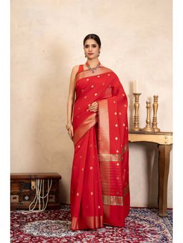 Zal from Benaras - Red Chiffon Silk Banarasi Handloom Saree Without Blouse