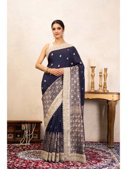Zal from Benaras - Navy Blue Pure Katan Silk Banarasi Handloom Saree Without Blouse