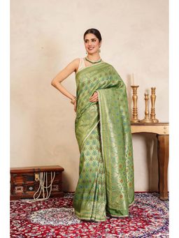 Zal from Benaras - Pista Green Banarasi Meenakari Handloom Saree Without Blouse