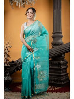 Maayavi - Aqua Bindu Saree with Unstitched Blouse