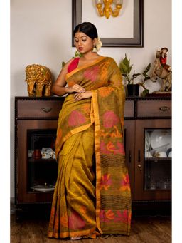 Maayavi - Mustard Pushpa Saree with Unstitched Blouse
