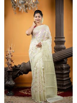 Maayavi - White Sarada Saree with Unstitched Blouse