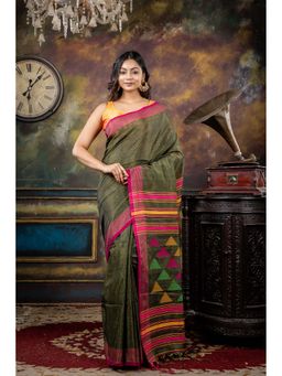 Maayavi - Olive Trikoni Saree with Unstitched Blouse