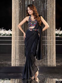 Label S4U - Black Pre-Draped Saree with Stitched Blouse