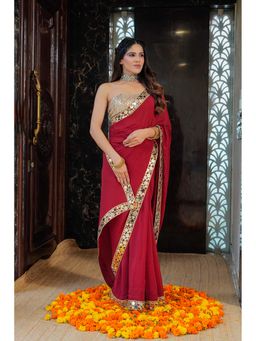 LABEL MAE - Cherry Red Mirror Detailing Pre-Drape Saree with Stitched Blouse