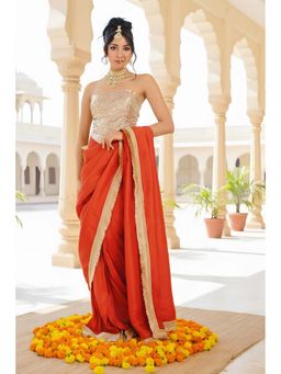 LABEL MAE - Orange Noor-E-Gulzar Rust Saree with Semi-Stitched Blouse