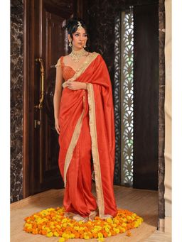 LABEL MAE - Ruhani Rust Orange Raw Silk Saree with Semi-Stitched Blouse
