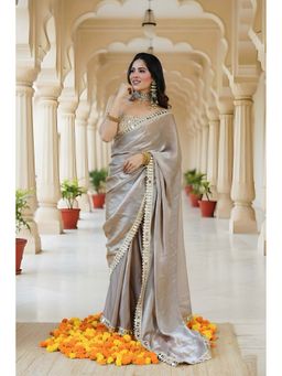 LABEL MAE - Grey Champagne Saree with Semi-Stitched Blouse