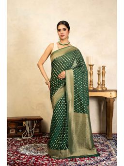 Zal from Benaras - Bottle Green Pure Chiffon Banarasi Handloom Saree Without Blouse
