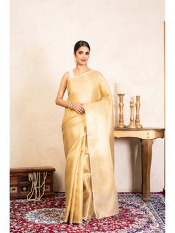 Zal from Benaras - Golden Pure Katan Kanjeevaram Silk Banarasi Handloom Saree Without Blouse