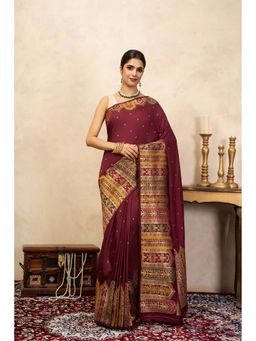 Zal from Benaras - Maroon Pure Katan Silk Banarasi Handloom Saree Without Blouse
