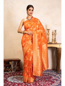 Zal from Benaras - Orange Pure Katan Silk Banarasi Handloom Saree Without Blouse