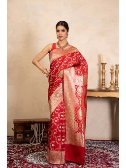 Zal from Benaras - Red Pure Katan Satin Silk Banarasi Handloom Saree Without Blouse