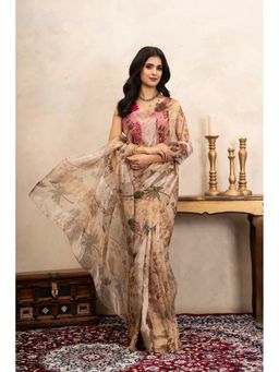 Zal from Benaras - Beige Pure Organza Silk Banarasi Handloom Digital Print Saree Without Blouse