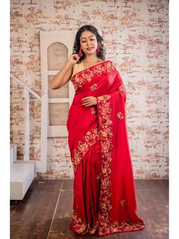 Maayavi - Red Prithika Saree with Unstitched Blouse