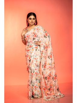 Maayavi - White Cherry Blossom Saree with Unstitched Blouse