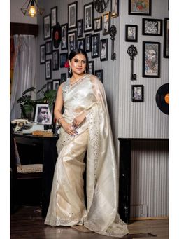 Maayavi - White Pearline Saree with Unstitched Blouse