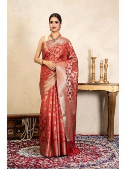 Zal from Benaras - Red Pure Silk Banarasi Handloom Saree Without Blouse
